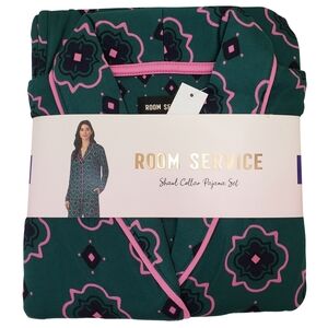 Room Service Women's Shawl Collar Pajama Set Green (Green Geo) NWT